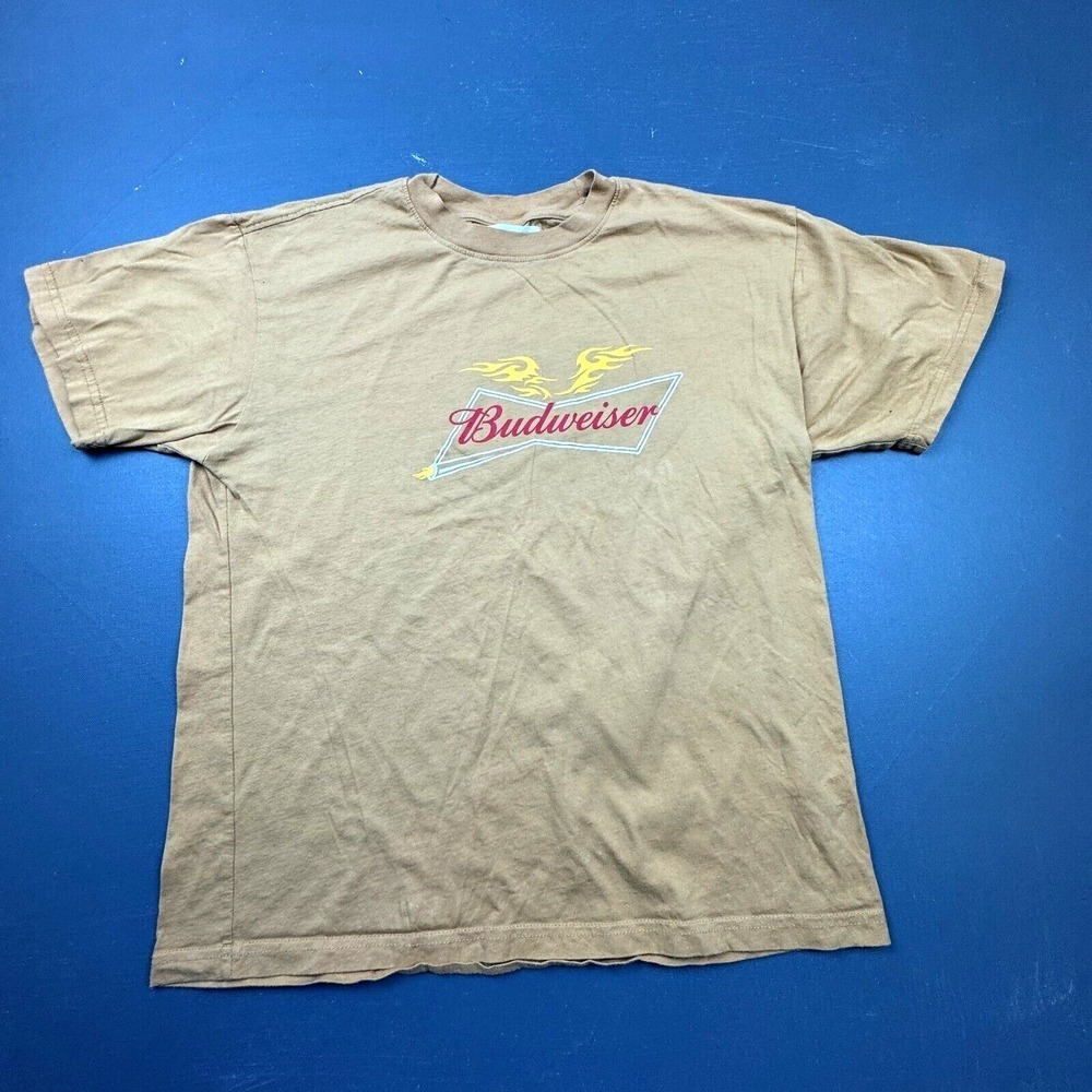 Budweiser PacSun T Shirt Men's Medium Brown Flames Logo Graphic Vintage Casual